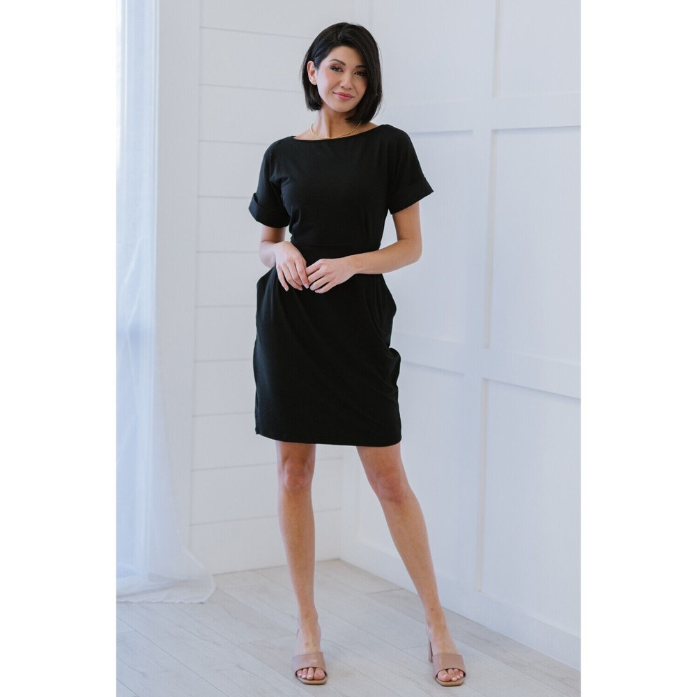 Zenana Smooth Talker Tie-Waist Dress Black Short Sleeve Pockets Stretchy - Picture 3 of 16